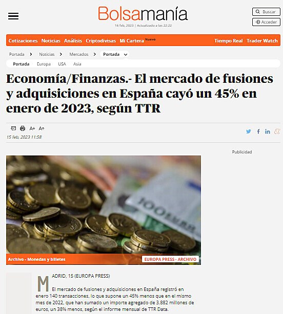 Economa/Finanzas.- El mercado de fusiones y adquisiciones en Espaa cay un 45% en enero de 2023, segn TTR
